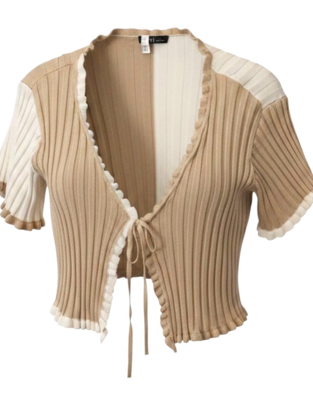 Ruffle Tie-Front Cardigan in Cream & Tan With Ruffle Trim- Size L- Like New